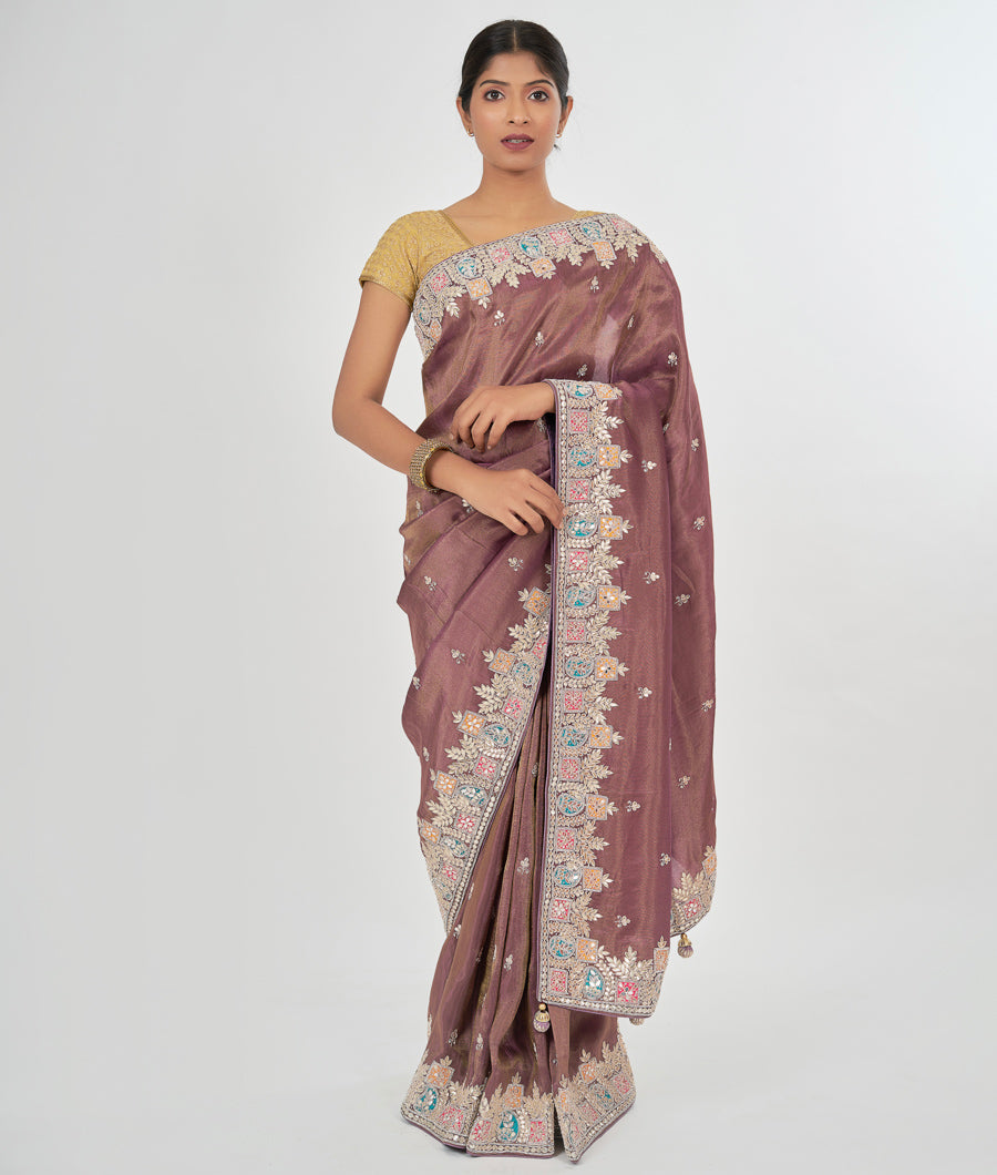 Dark Onion Tissue Silk Saree Zardosi With Mirror And Gota Patti Work - kaystore.in