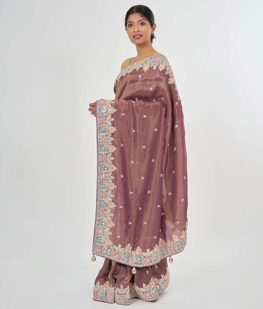 Dark Onion Tissue Silk Saree Zardosi With Mirror And Gota Patti Work - kaystore.in