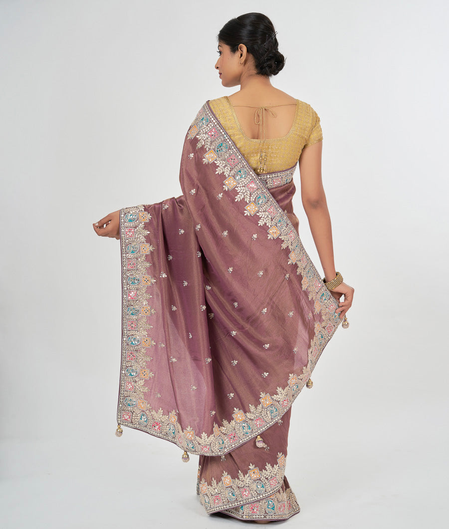 Dark Onion Tissue Silk Saree Zardosi With Mirror And Gota Patti Work - kaystore.in