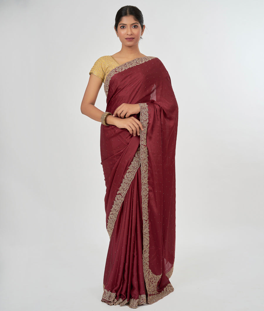 Maroon Satin Saree Gold Stone With Zardosi Work - kaystore.in
