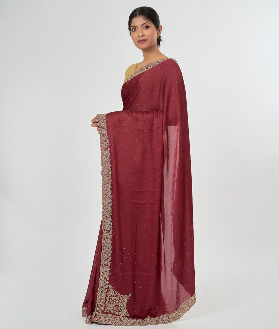 Maroon Satin Saree Gold Stone With Zardosi Work - kaystore.in