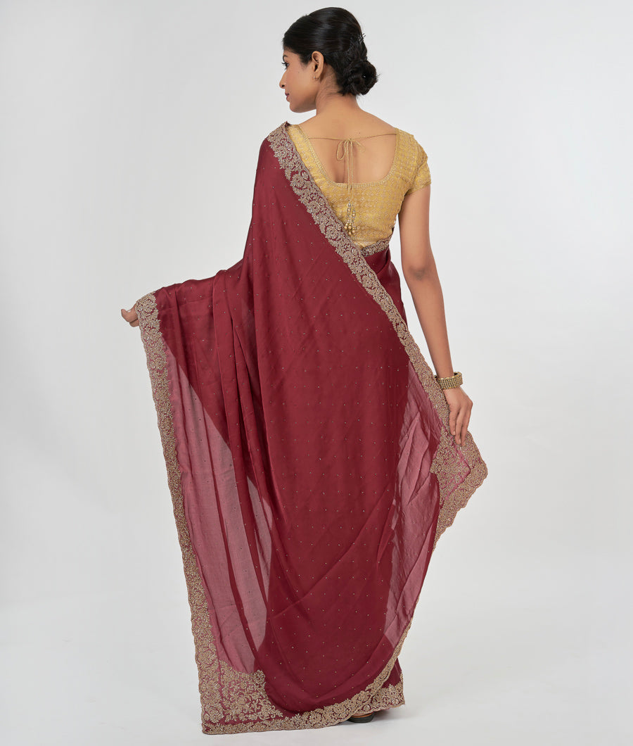 Maroon Satin Saree Gold Stone With Zardosi Work - kaystore.in