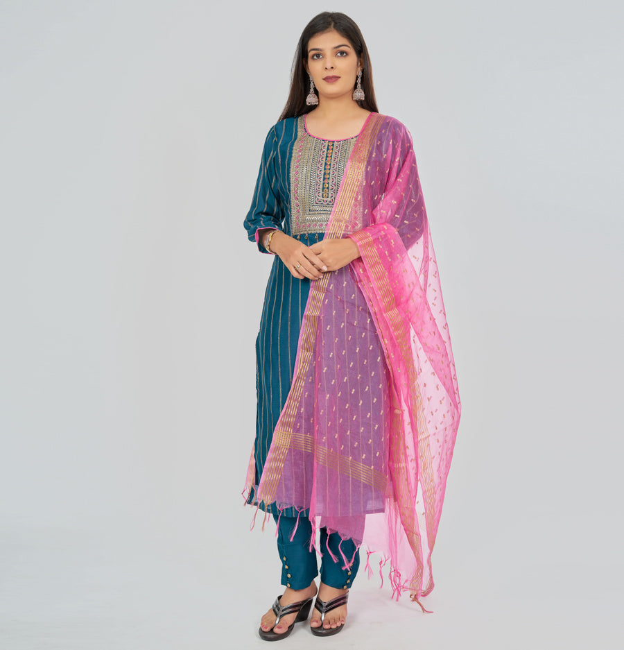 Peacock Blue Silk Salwar Kameez - kaystore.in