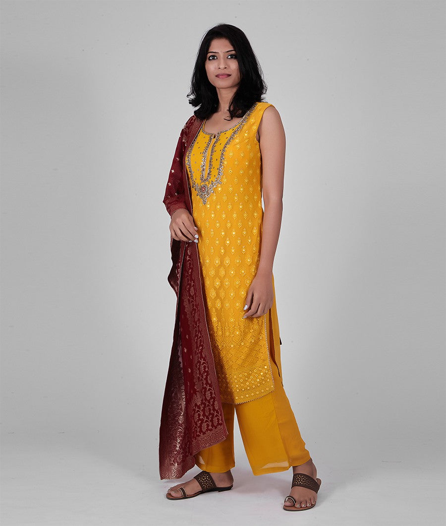 Georgette Yellow Salwar Kameez - kaystore.in