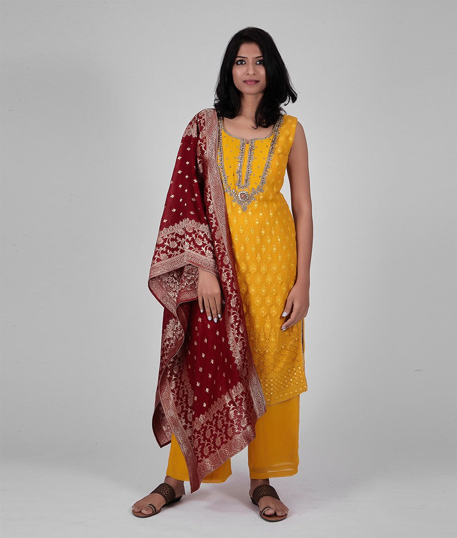 Georgette Yellow Salwar Kameez - kaystore.in