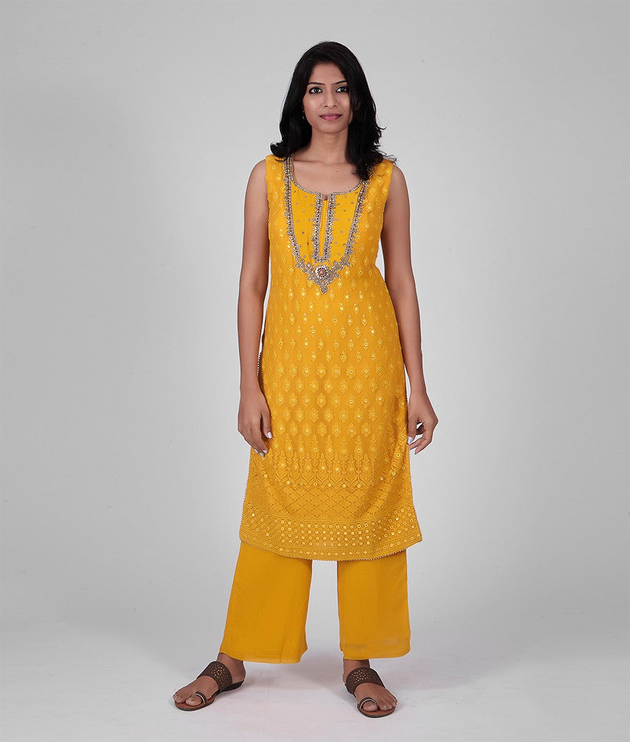 Georgette Yellow Salwar Kameez - kaystore.in