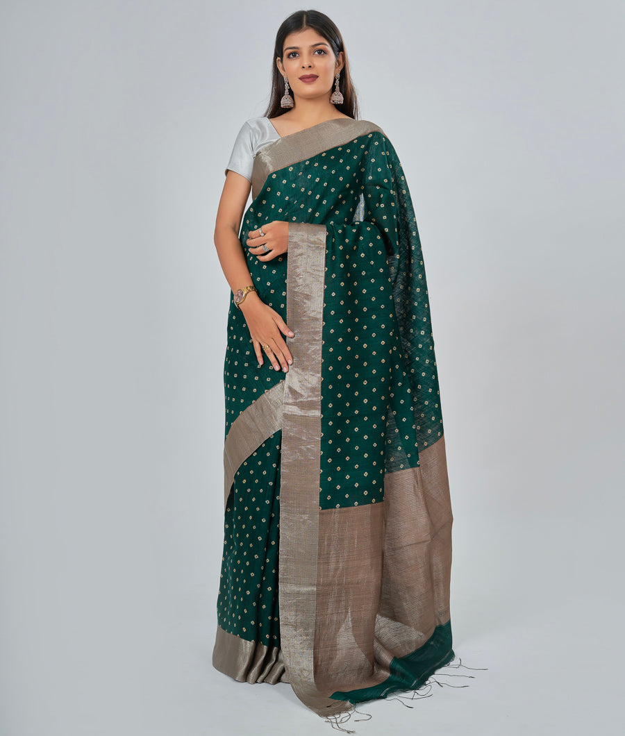 Bottle Green Matka Silk Saree Alover Bandhani Print Silver Zari - kaystore.in