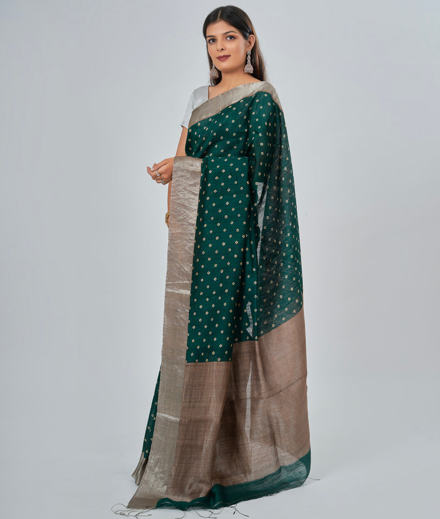 Bottle Green Matka Silk Saree Alover Bandhani Print Silver Zari - kaystore.in