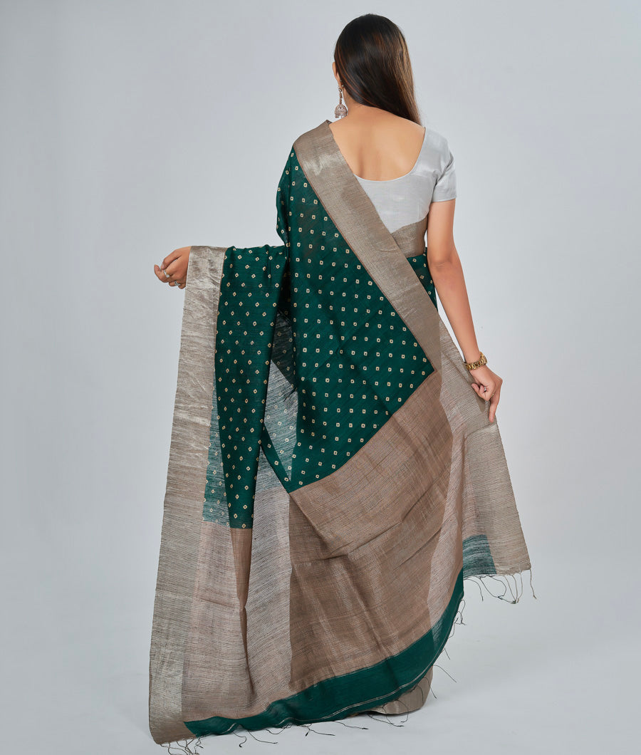 Bottle Green Matka Silk Saree Alover Bandhani Print Silver Zari - kaystore.in