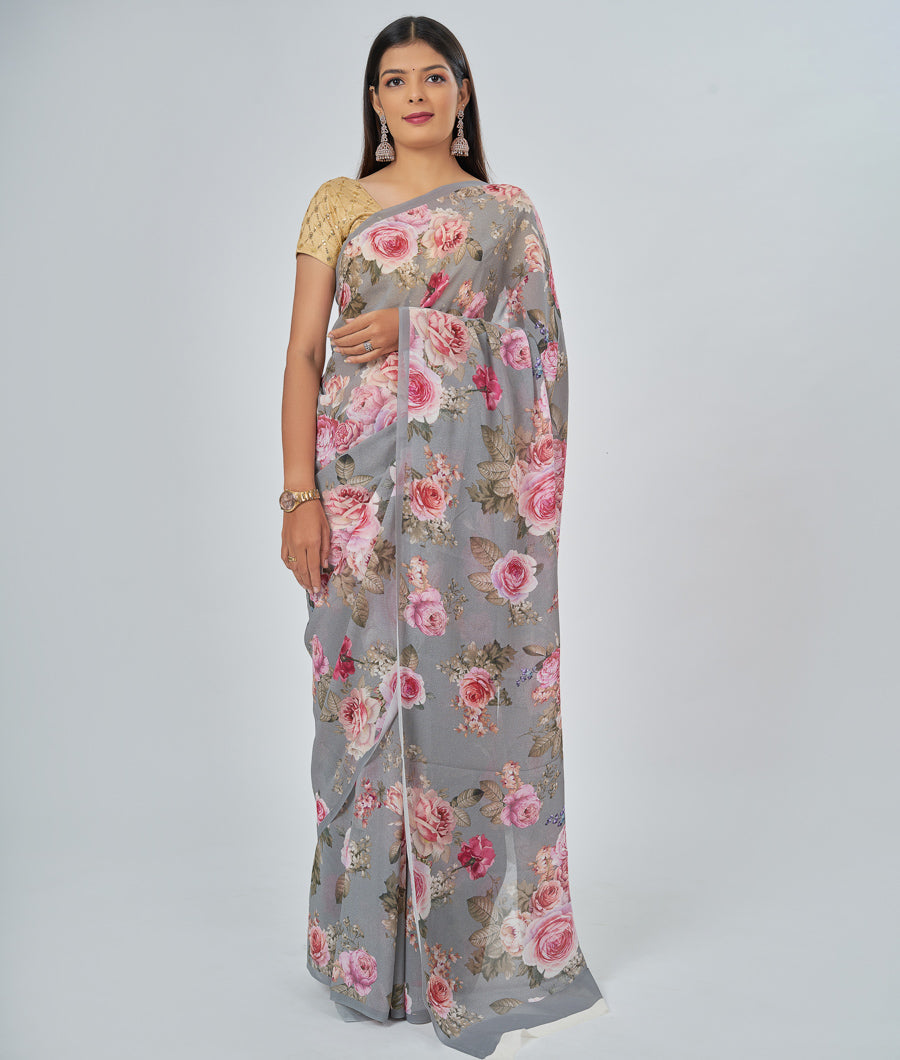 Grey Georgette Saree Floral Print - kaystore.in