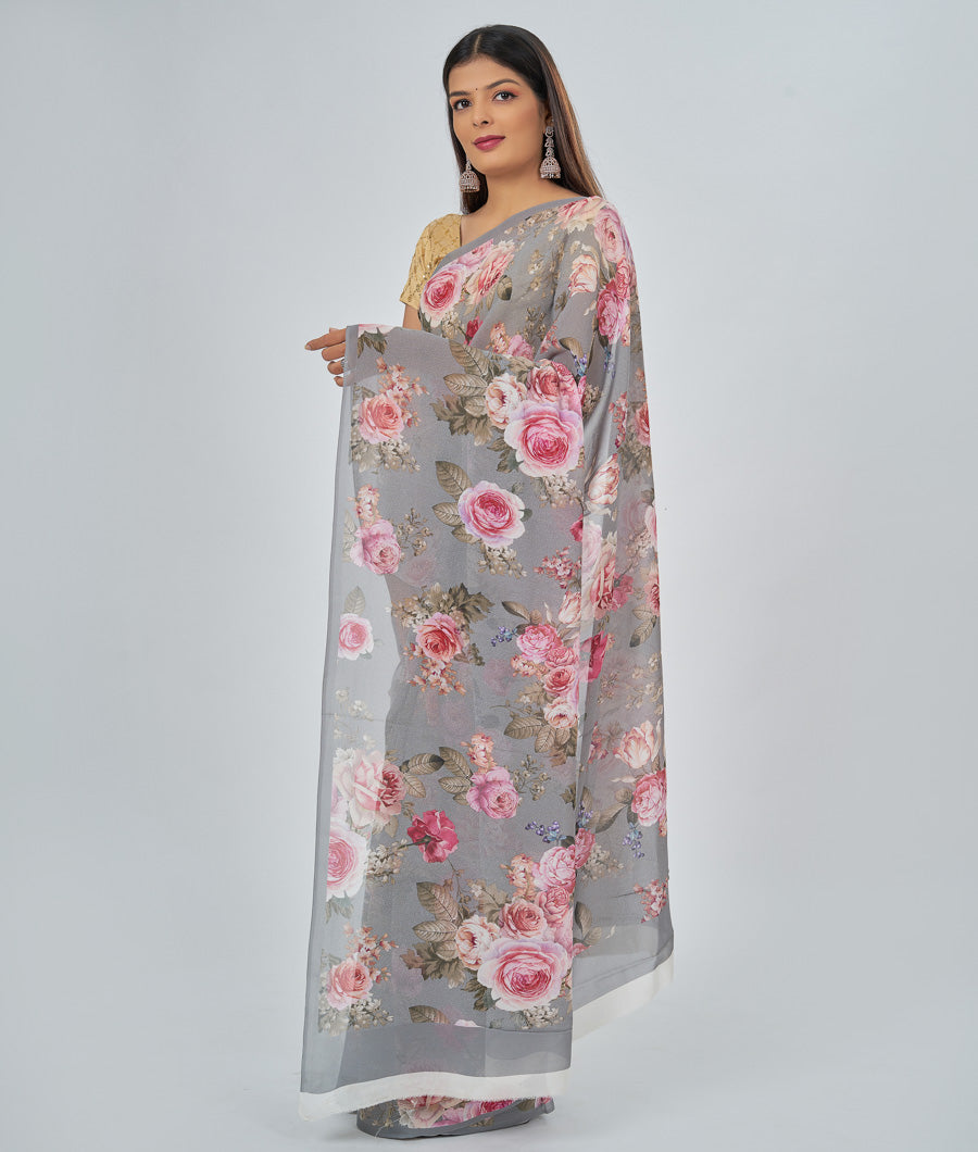 Grey Georgette Saree Floral Print - kaystore.in