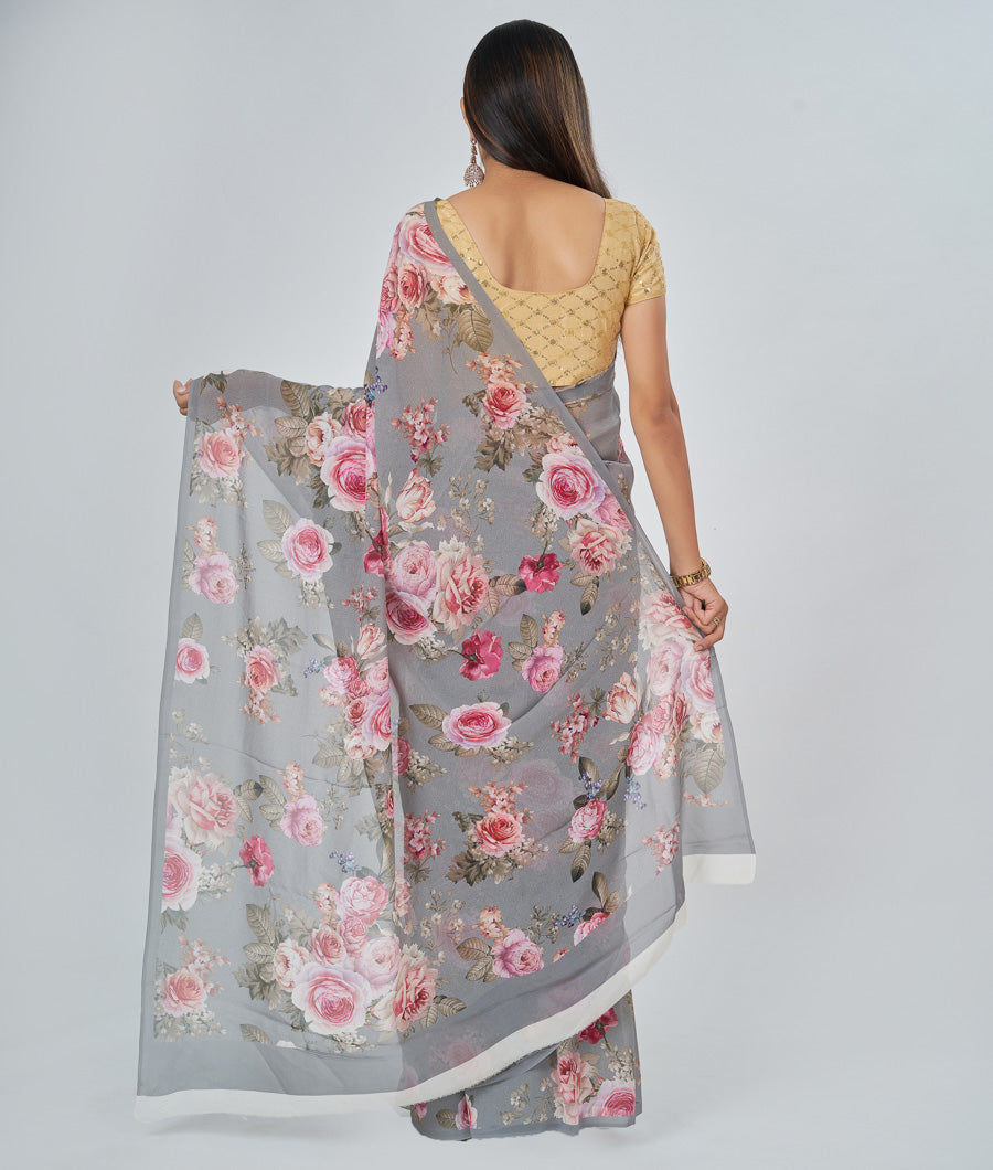 Grey Georgette Saree Floral Print - kaystore.in