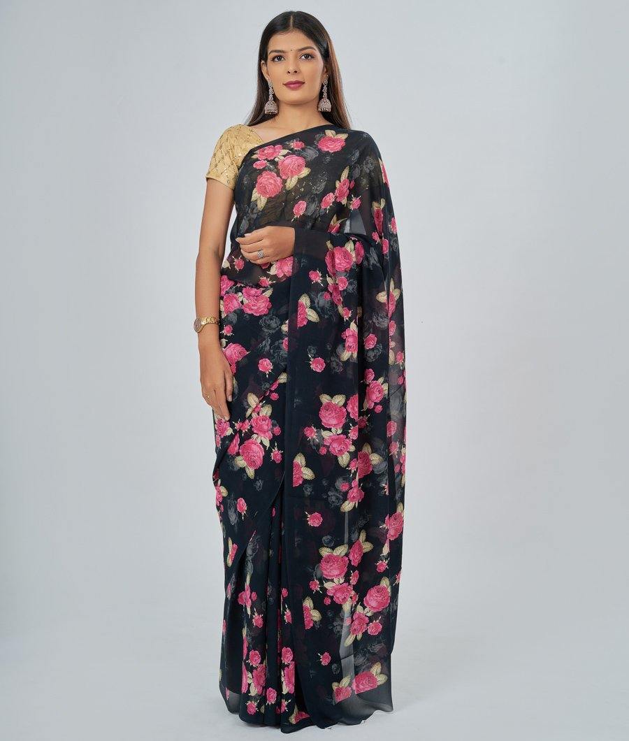 Black Georgette Saree Floral Print - kaystore.in