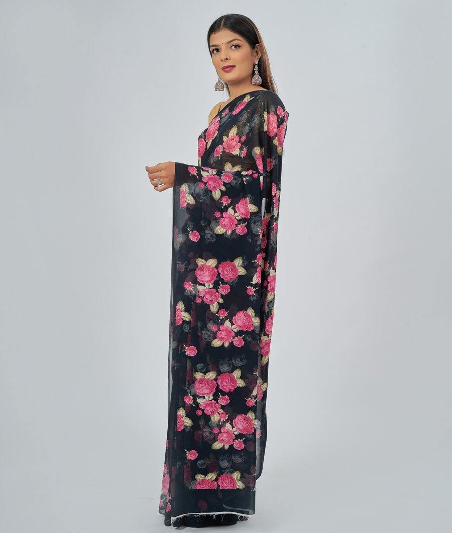 Black Georgette Saree Floral Print - kaystore.in