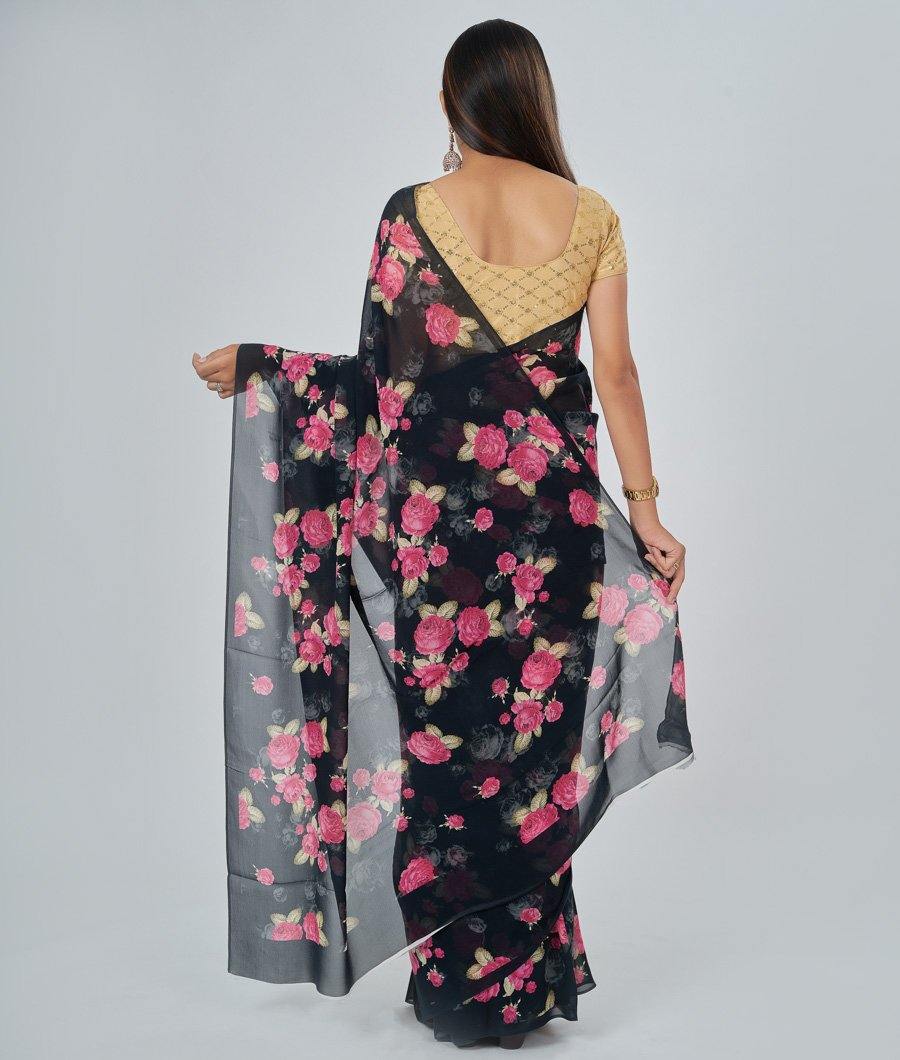 Black Georgette Saree Floral Print - kaystore.in