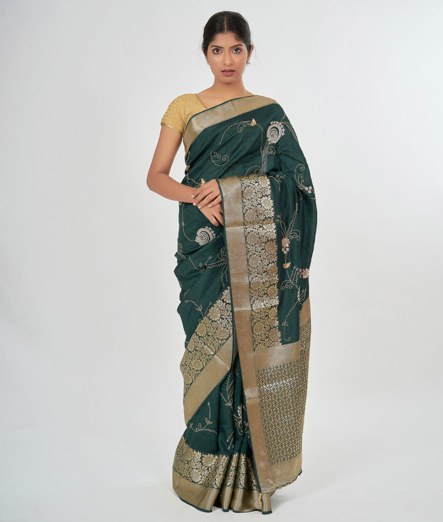 Bottle Green Muga Silk Saree Sequence With Cutdana Work - kaystore.in