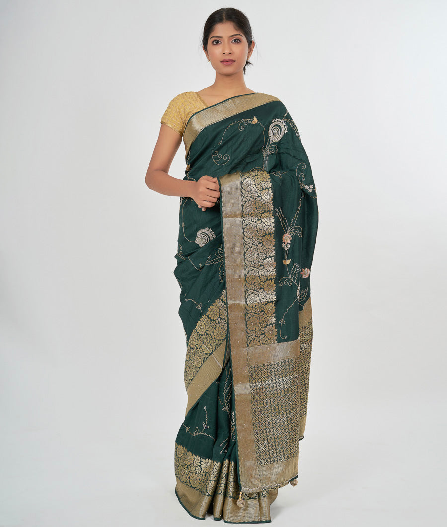 Bottle Green Muga Silk Saree Sequence With Cutdana Work - kaystore.in