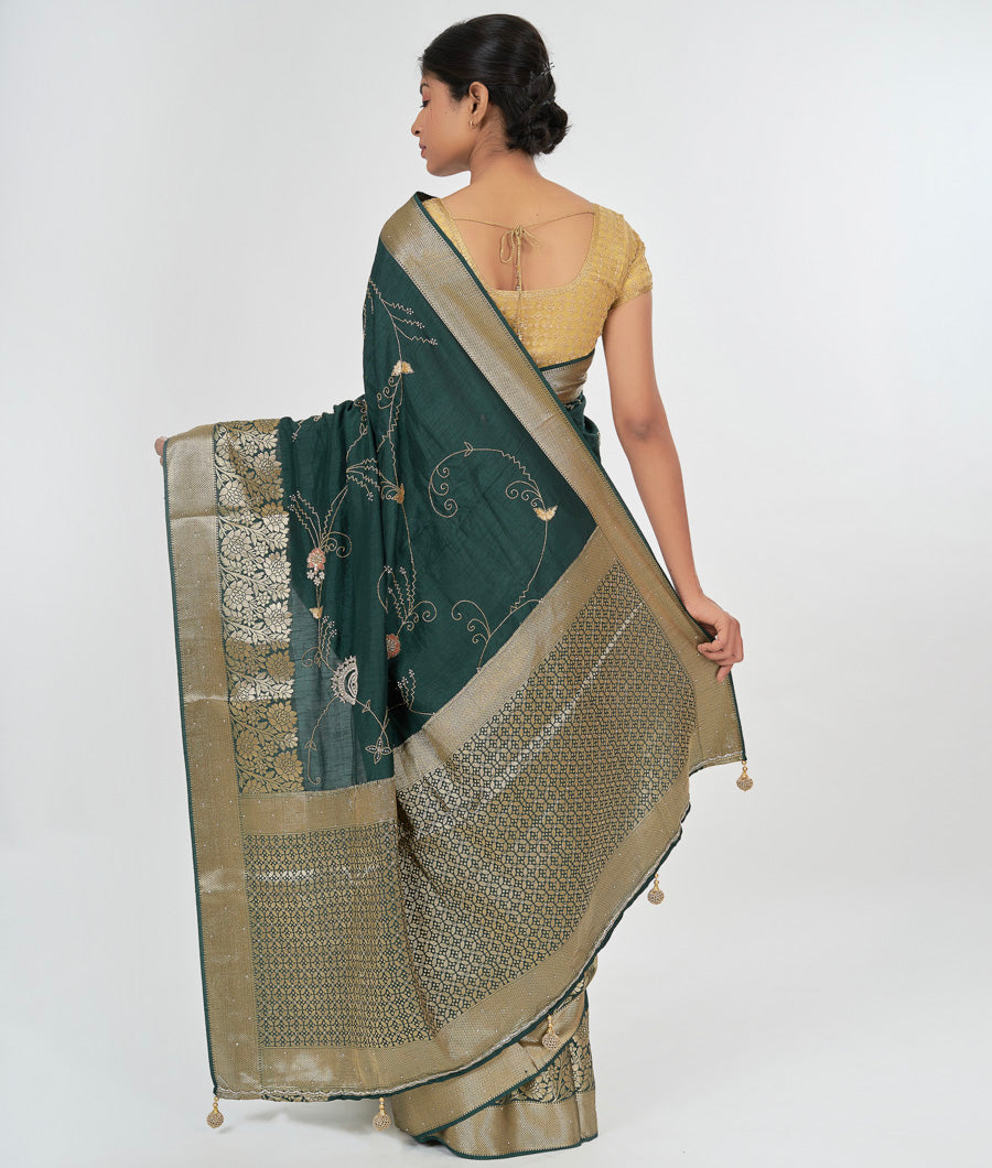 Bottle Green Muga Silk Saree Sequence With Cutdana Work - kaystore.in