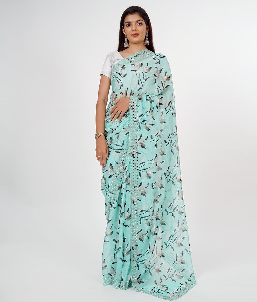 Muliti Colour Organza Saree Mirror With Pearl And Stone Work - kaystore.in