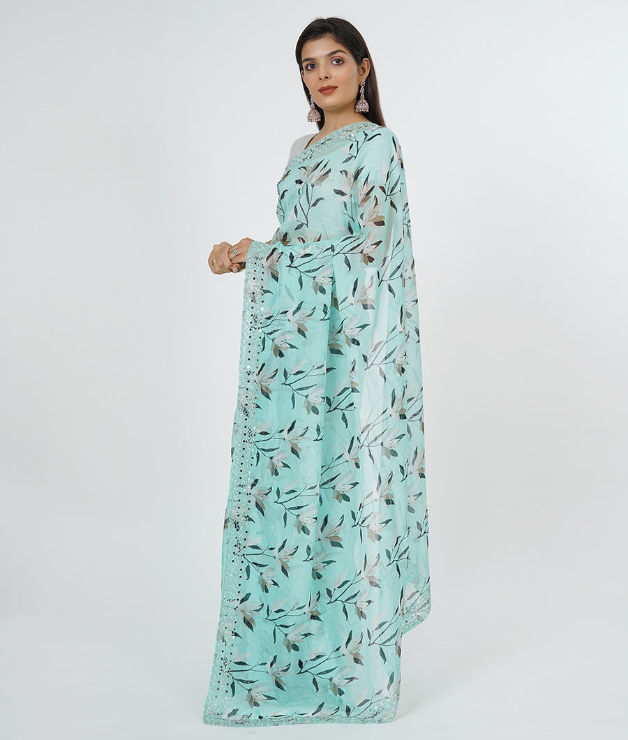 Muliti Colour Organza Saree Mirror With Pearl And Stone Work - kaystore.in