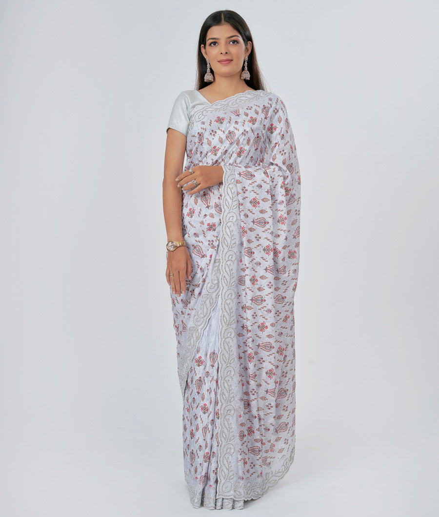 Grey Crêpe Saree Printed Saree With Sequence And Stone And Thread Embroidery Work - kaystore.in