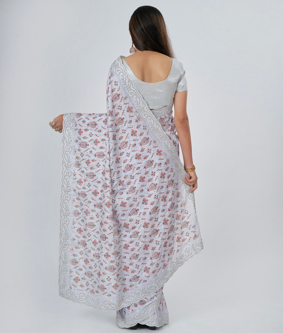 Grey Crêpe Saree Printed Saree With Sequence And Stone And Thread Embroidery Work - kaystore.in