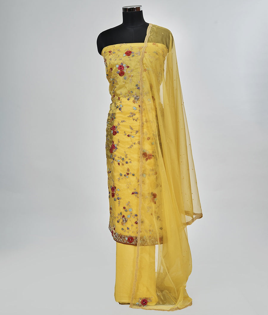 Yellow Organza Unstitched Salwar - kaystore.in