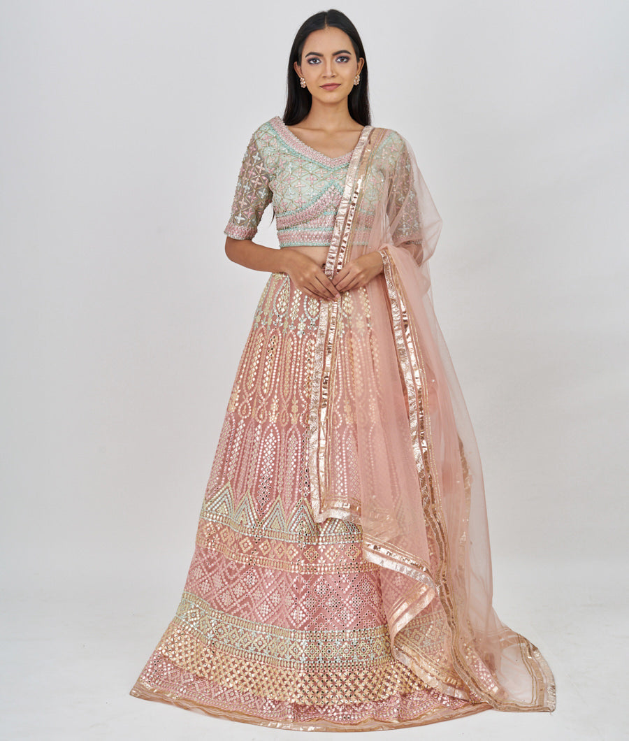 Peach Multi Color Thread Embroidery With Gota Patti And Jarkan Stone Work  Lehenga