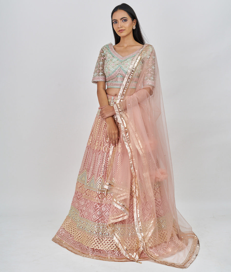 Peach Multi Color Thread Embroidery With Gota Patti And Jarkan Stone Work  Lehenga