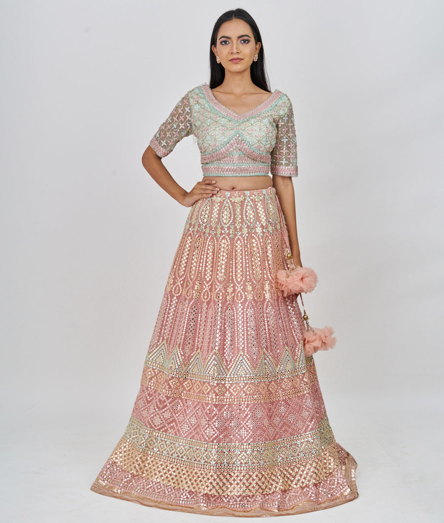 Peach Multi Color Thread Embroidery With Gota Patti And Jarkan Stone Work  Lehenga