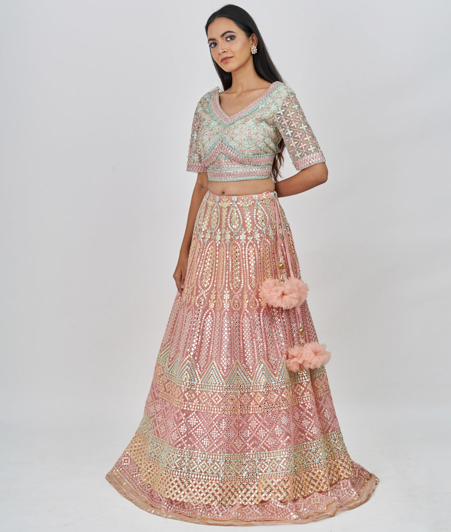 Peach Multi Color Thread Embroidery With Gota Patti And Jarkan Stone Work  Lehenga