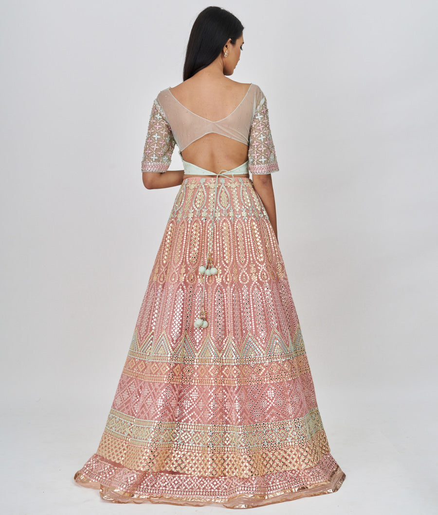 Peach Multi Color Thread Embroidery With Gota Patti And Jarkan Stone Work  Lehenga