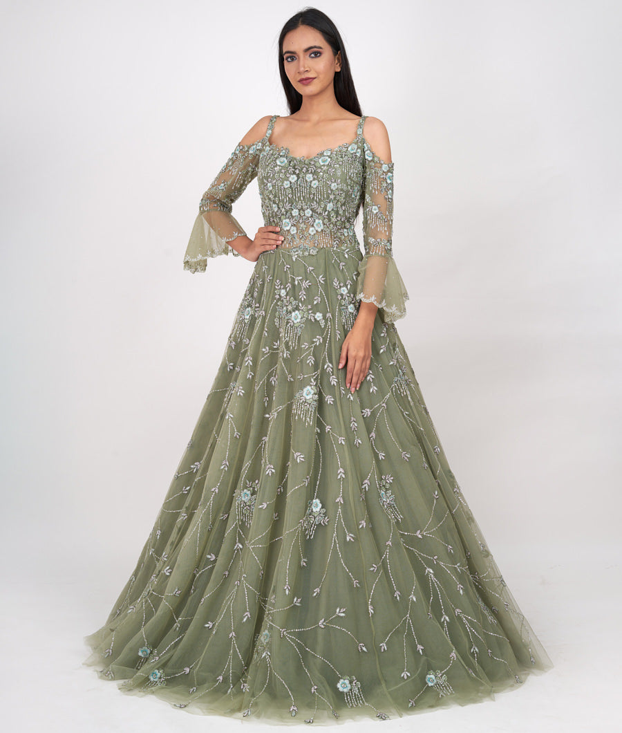 Pista Green Thread Embroidery With Self Sequins And Cutdana And Jarkan Stone And Beads Work Ball Gown Gown