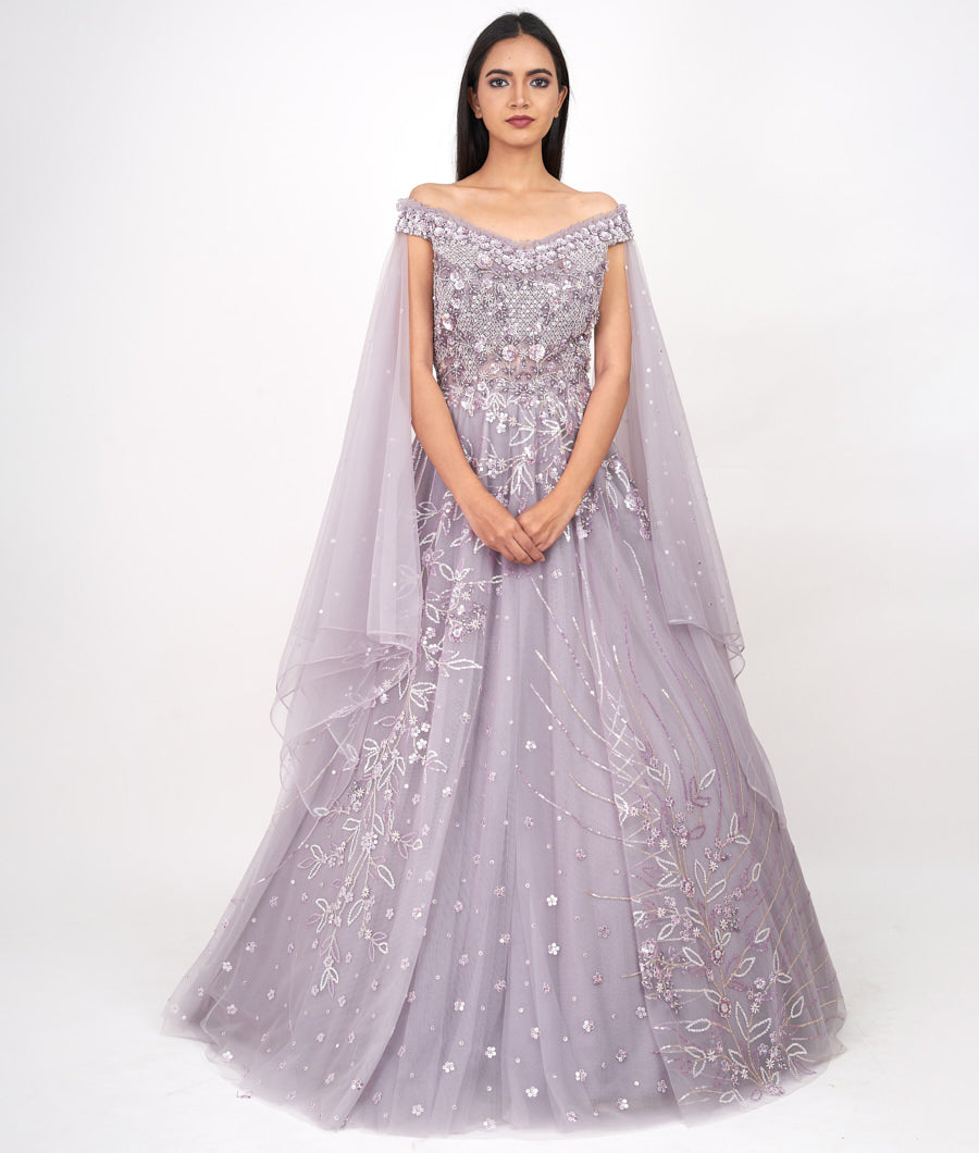 Lite Lavender Pearl With Sequins And Cutdana And Jarkan Stone Work Ball Gown Gown