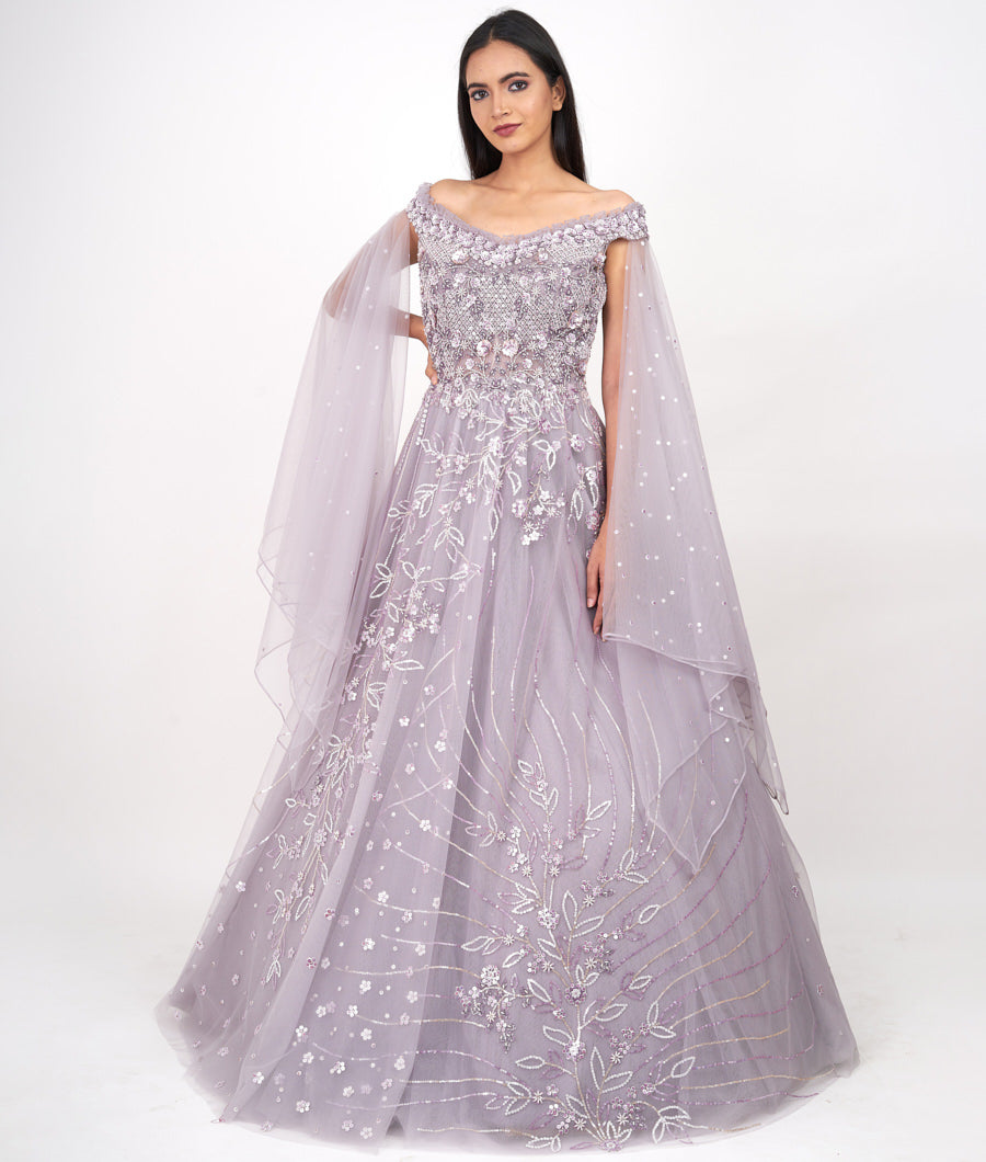 Lite Lavender Pearl With Sequins And Cutdana And Jarkan Stone Work Ball Gown Gown