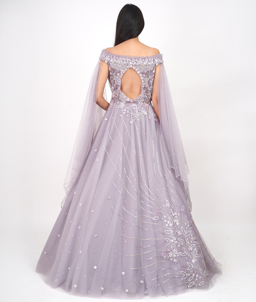 Lite Lavender Pearl With Sequins And Cutdana And Jarkan Stone Work Ball Gown Gown