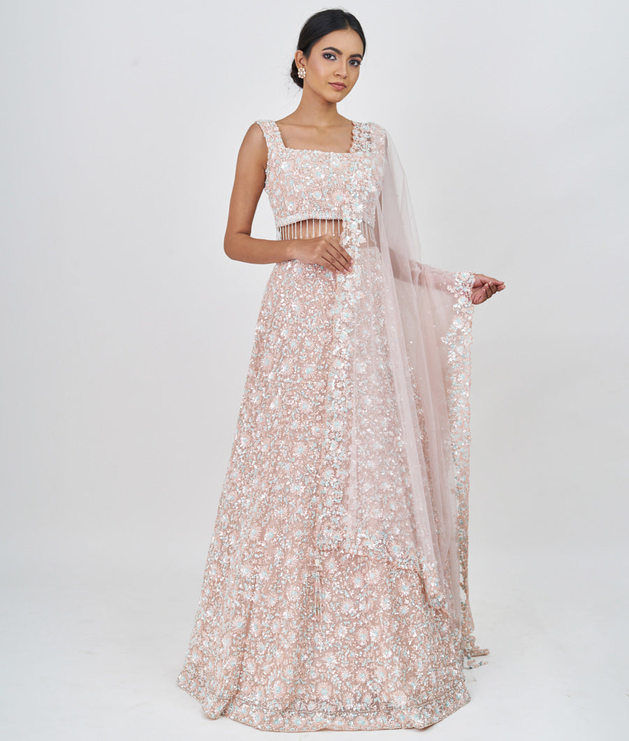 Peach Alover Sequins With Pearl And Jarkan Stone Work  Lehenga