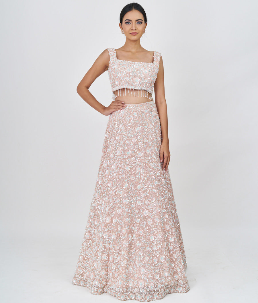 Peach Alover Sequins With Pearl And Jarkan Stone Work  Lehenga