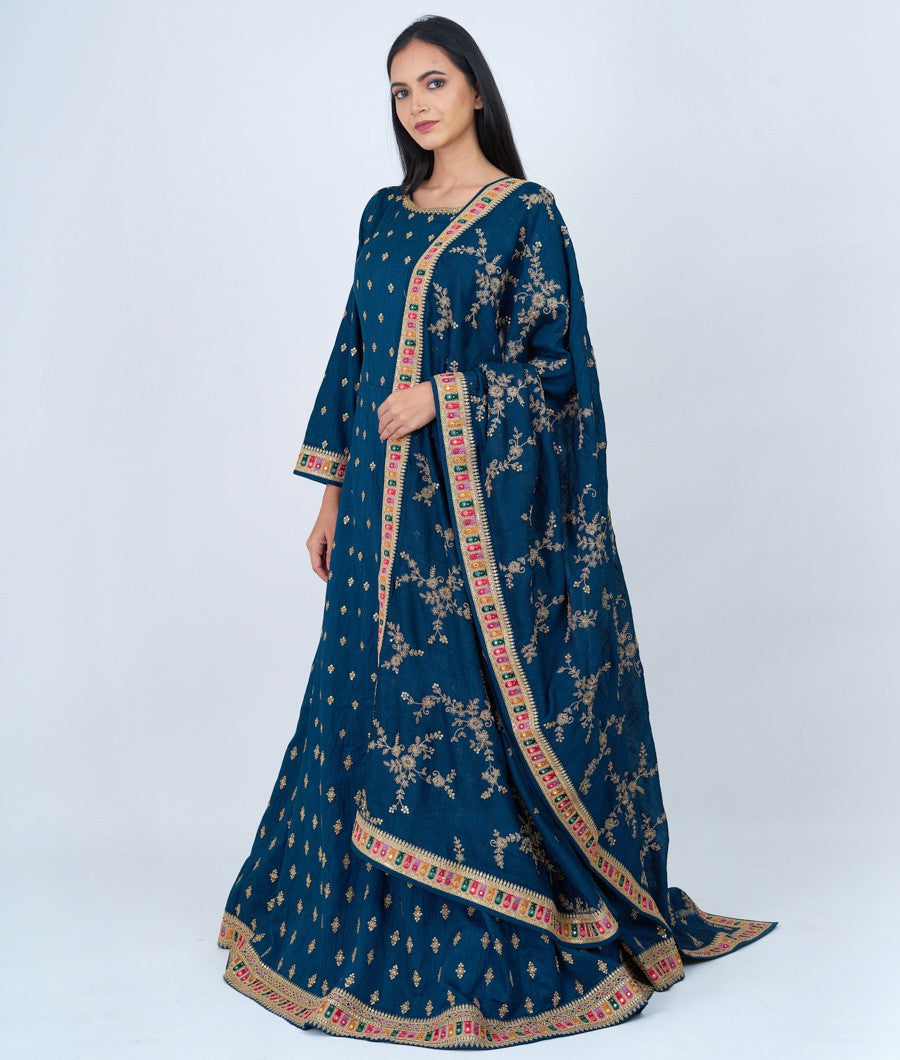 Rama Blue Zari And Multi Color Thread Embroidery With Sequins And Stone Work Anarkali Gown