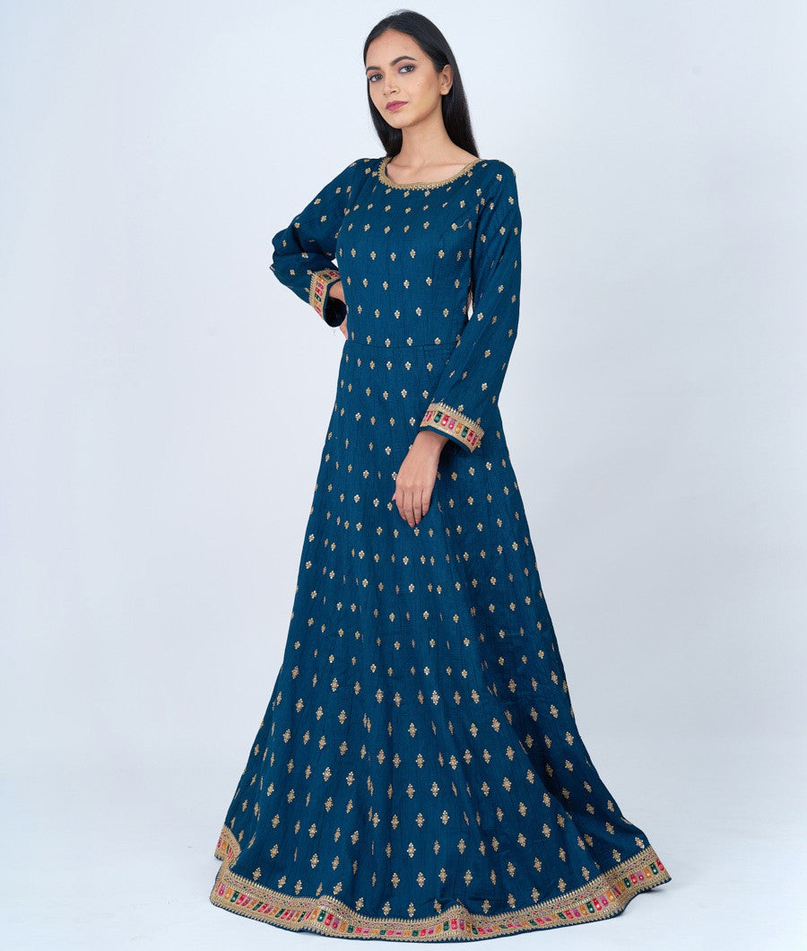 Rama Blue Zari And Multi Color Thread Embroidery With Sequins And Stone Work Anarkali Gown