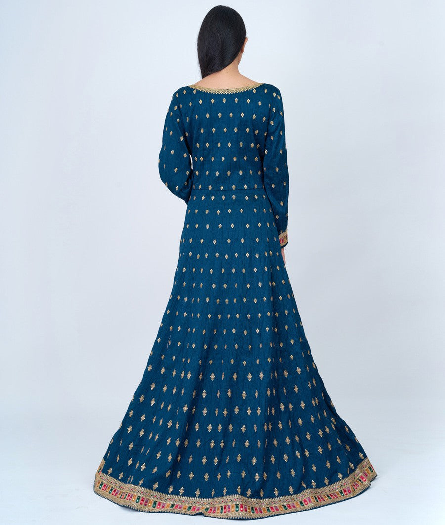 Rama Blue Zari And Multi Color Thread Embroidery With Sequins And Stone Work Anarkali Gown