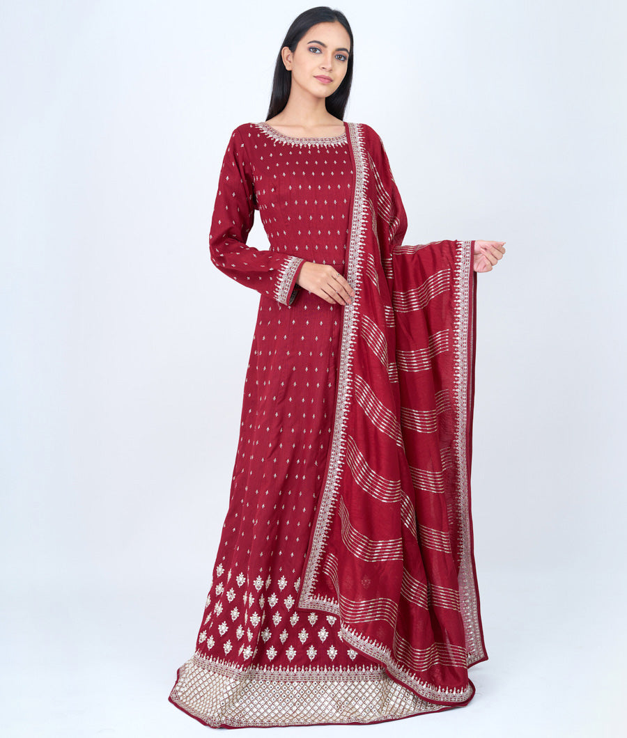 Maroon Thread And Zari Embroidery With Sequins And Mirror Work Anarkali Gown