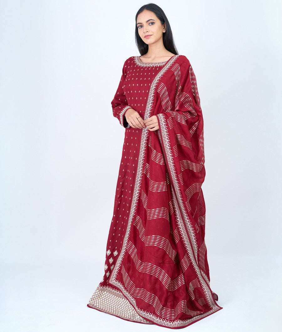 Maroon Thread And Zari Embroidery With Sequins And Mirror Work Anarkali Gown