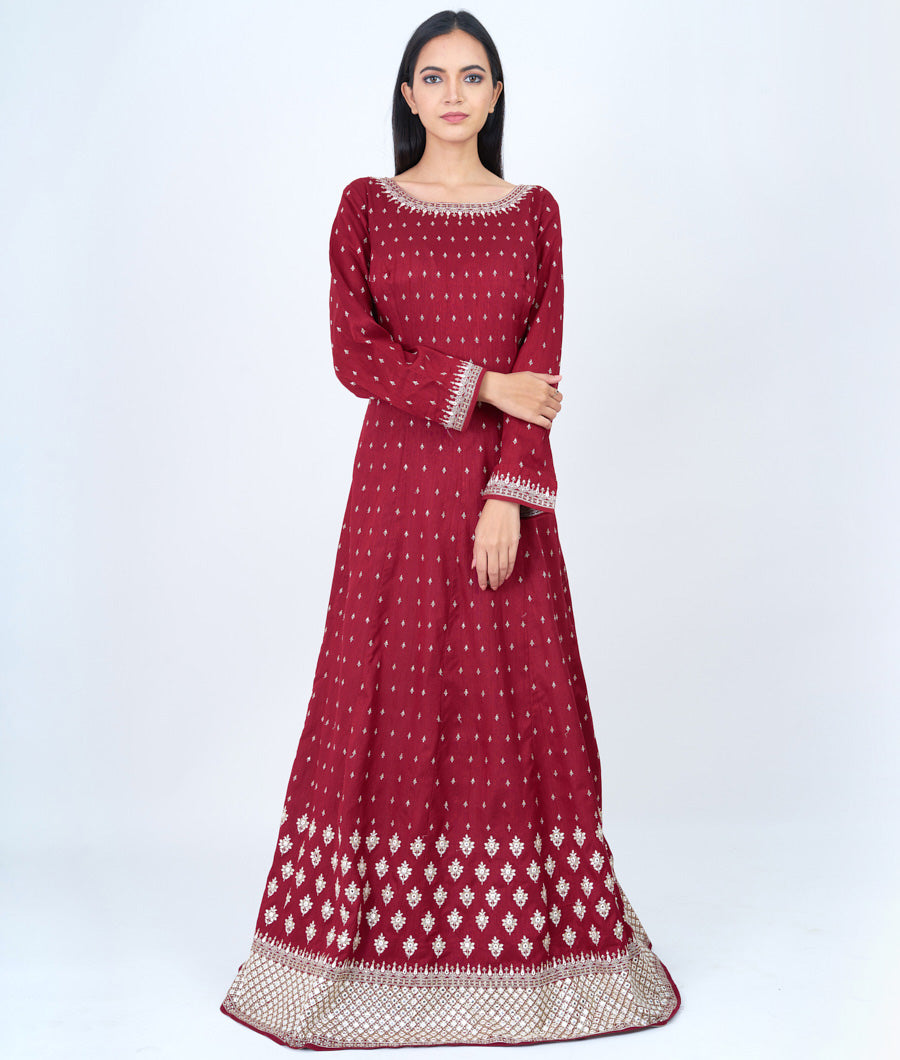 Maroon Thread And Zari Embroidery With Sequins And Mirror Work Anarkali Gown