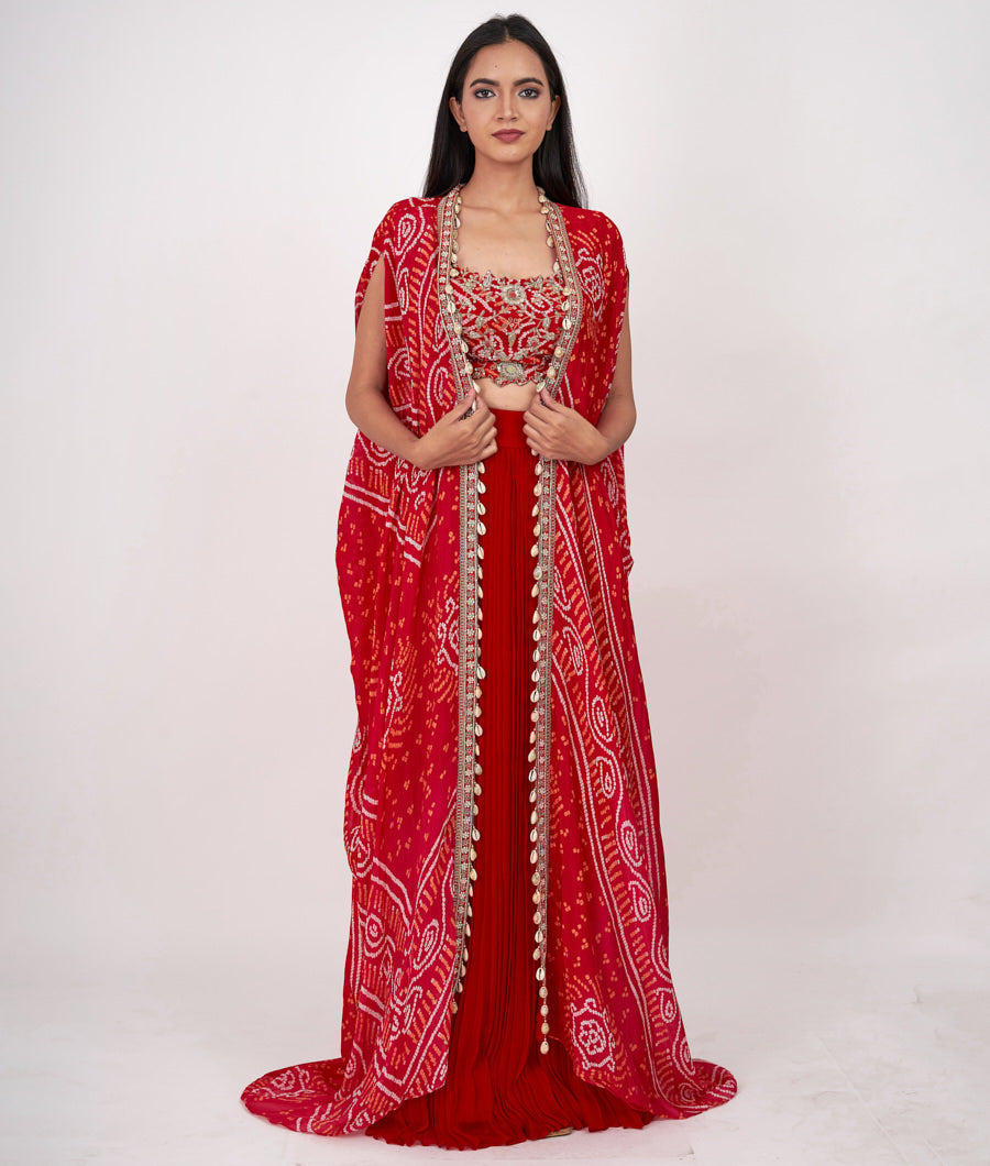 Red/Pink Bandhani Print With Sequins And Zardosi And Cutdana Work Indo Western Salwar Kameez