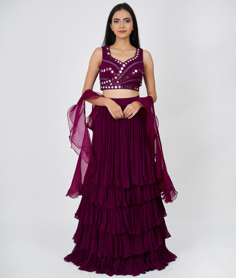 Purple Mirror With Cutdana Work  Lehenga