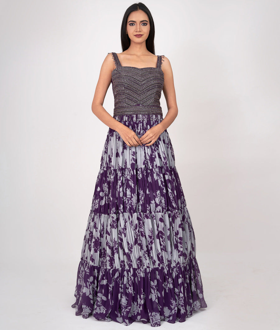 Purple Digtal Print With Cutdana And Sequins Work Gown Gown