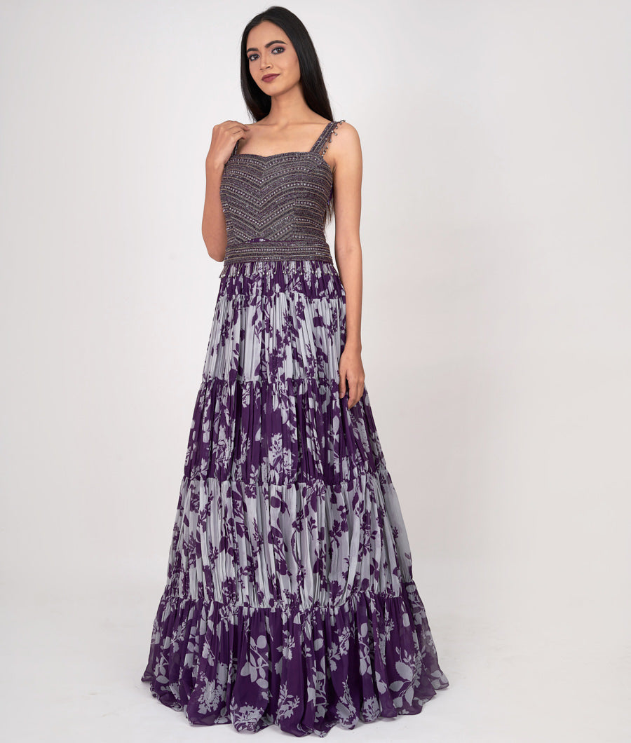 Purple Digtal Print With Cutdana And Sequins Work Gown Gown