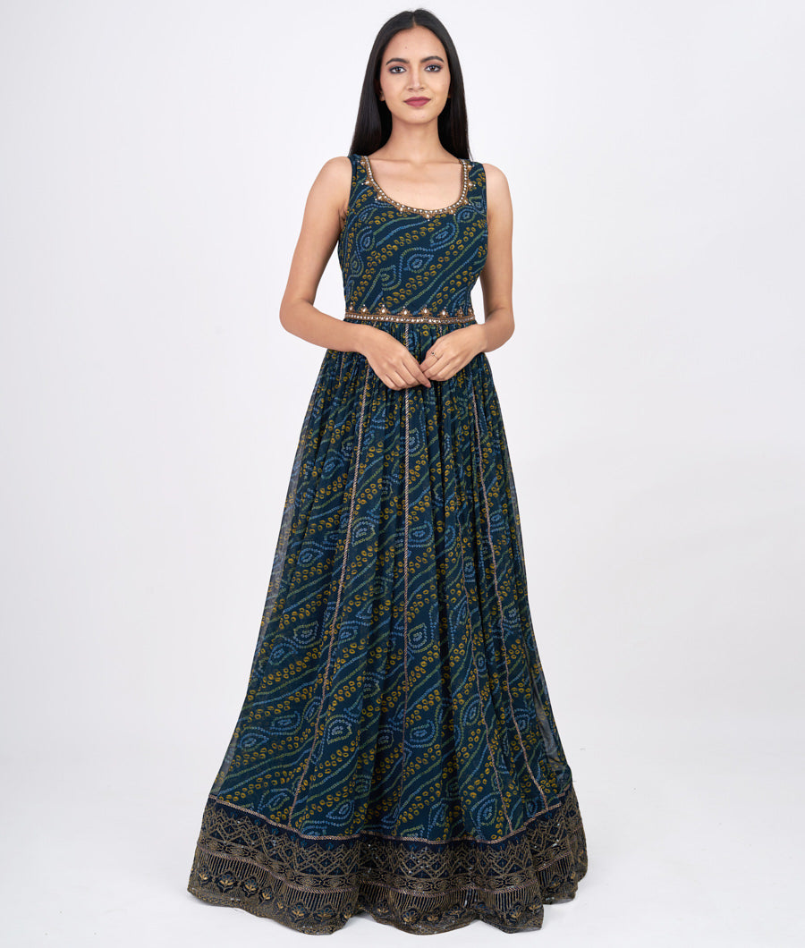 Navy Blue Bandhani Print With Sequins And Cutdana And Zardosi And Mirror Work Anarkali Salwar Kameez