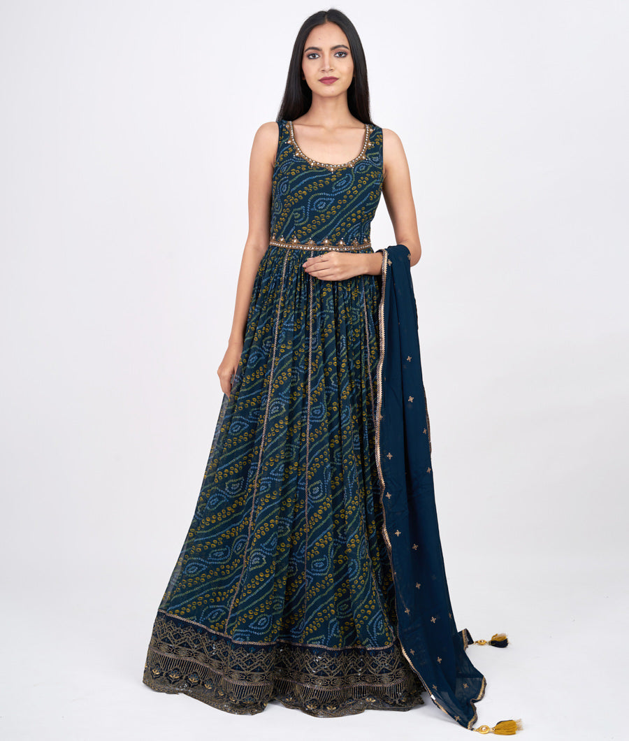 Navy Blue Bandhani Print With Sequins And Cutdana And Zardosi And Mirror Work Anarkali Salwar Kameez